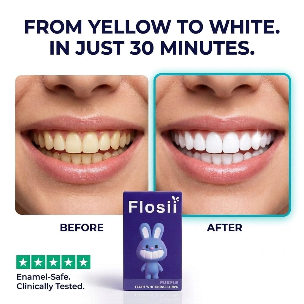 Flosii Purple PAP Teeth Whitening Strips before and after results — yellow teeth to white teeth in 30 minutes, peroxide-free