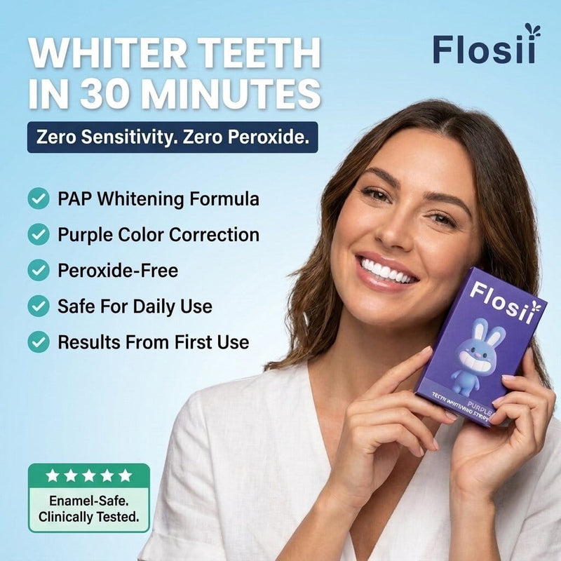 Woman holding Flosii Purple PAP Teeth Whitening Strips — whiter teeth in 30 minutes, zero sensitivity, peroxide-free, enamel safe, Australia and New Zealand