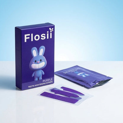 Flosii GlowStrips Purple PAP Teeth Whitening Strips — product box, foil sachet and purple strips on lavender background